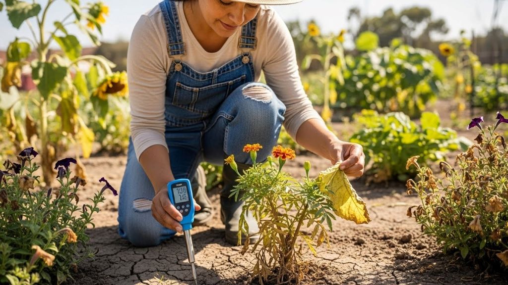 Gardener checking soil moisture and examining dull leaves on water-deficient garden plants