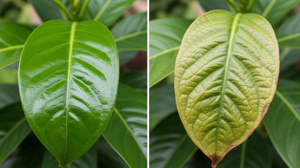 Close-up comparison showing glossy healthy plant leaf next to dull water-stressed leaf in garden setting