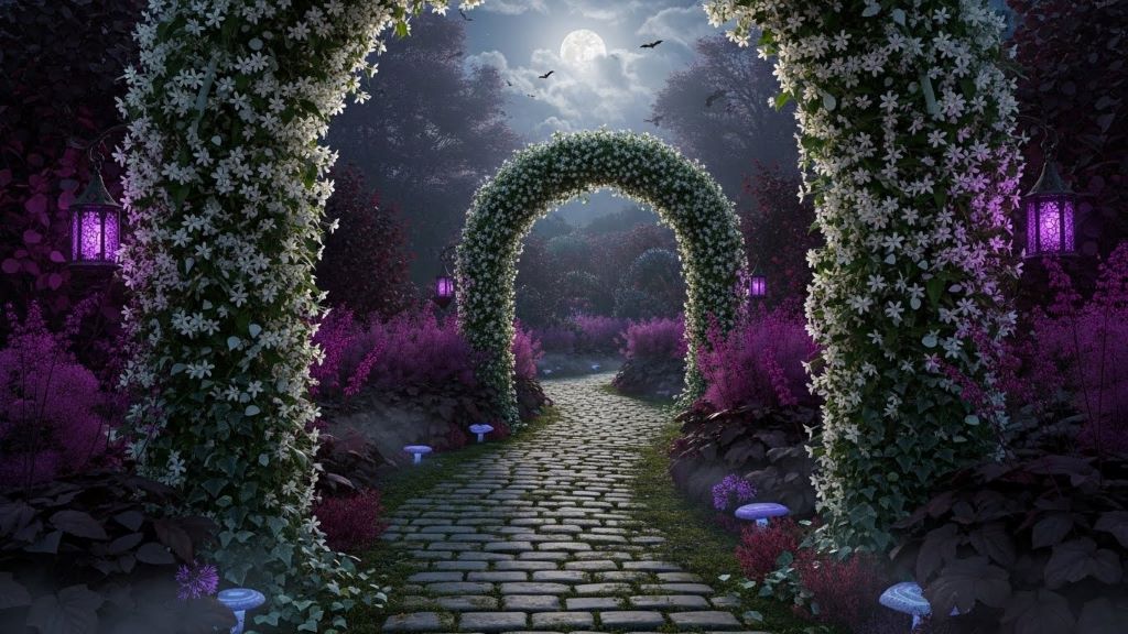 Gothic garden pathway lined with fragrant night-blooming jasmine and dark purple foliage under moonlight