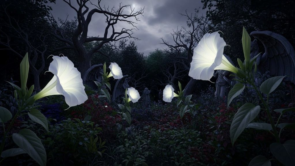 White moonflower blooms glowing against dark foliage in a gothic garden at twilight