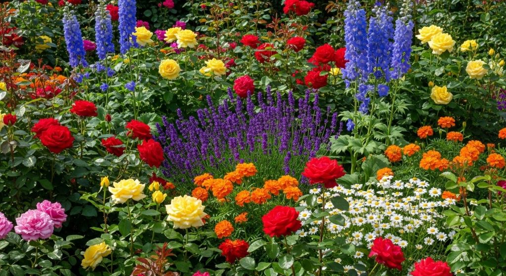 Colorful flowering garden with abundant blooms showing healthy natural growth and vibrant petals