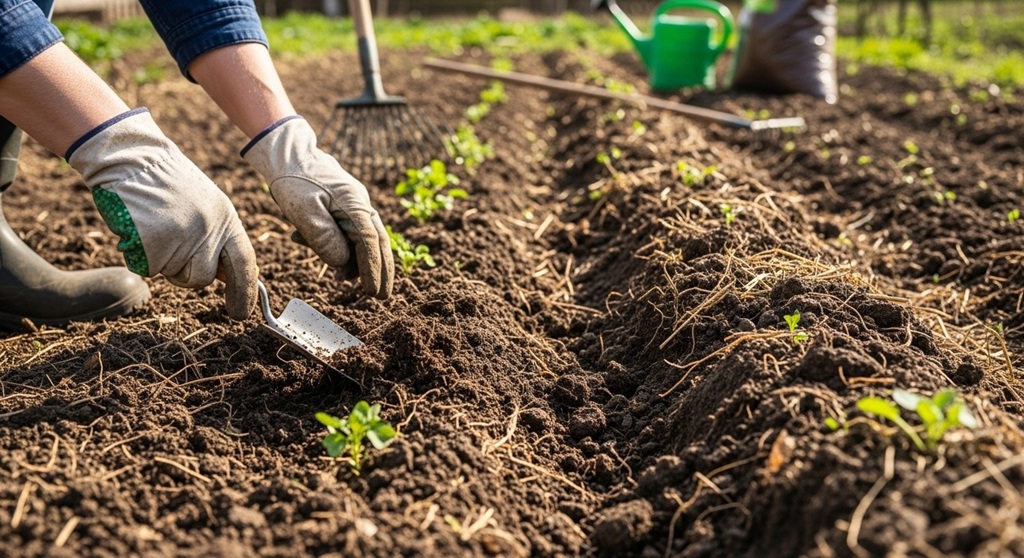 Preparing soil with compost for spring planting