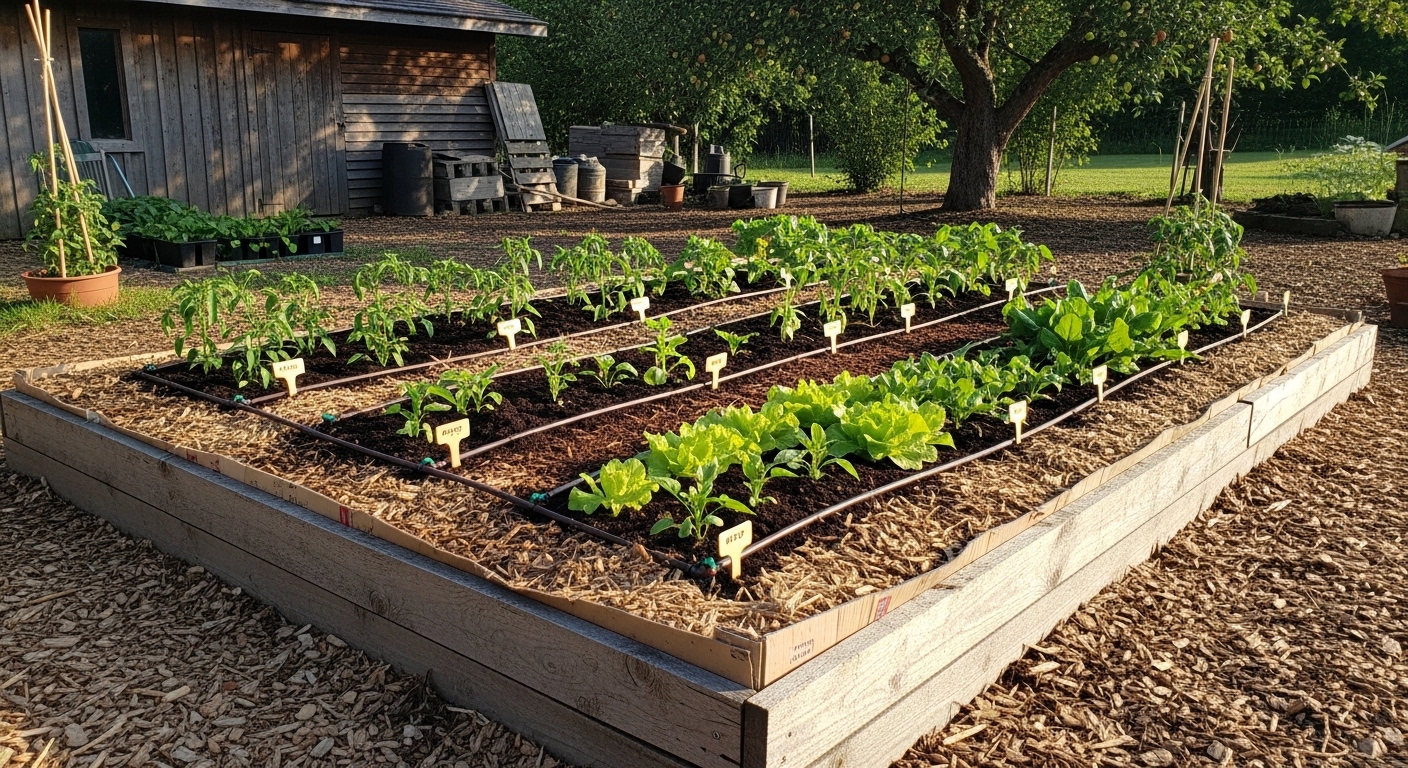 Mulched no-dig raised vegetable garden ready for planting