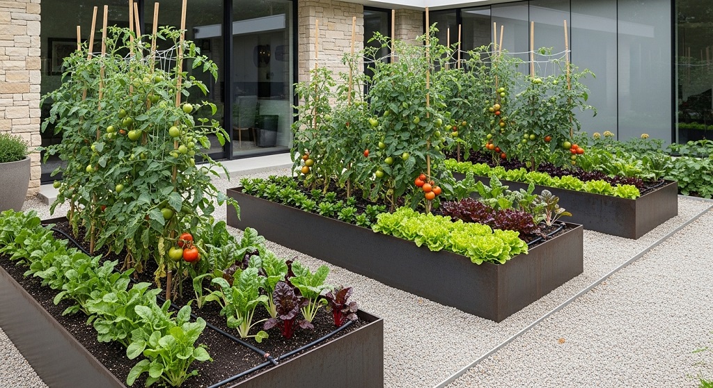 Handcrafted outdoor planter boxes for organic vegetable gardening in Georgia.