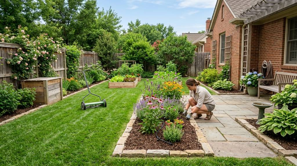 Beautiful low-maintenance lawn and garden landscape in Orlando Florida neighborhood