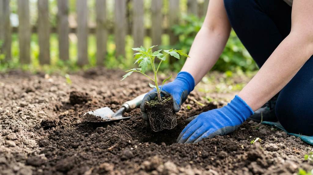 Beginner watering plants in a sunny San Diego backyard garden with drip irrigation system