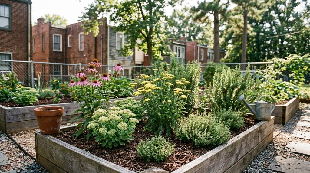 Small patio garden setup with succulents and herbs thriving in Georgia climate conditions