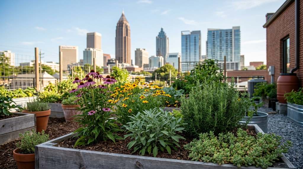 Urban balcony garden in Atlanta with low-maintenance plants in containers under bright sunlight
