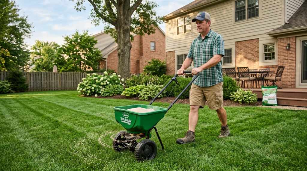 Lush green suburban lawn with neat mowing stripes under a sunny sky