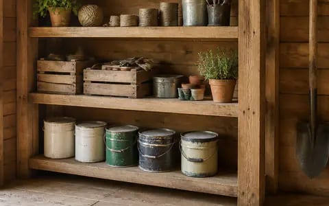 Metal tins and wooden crates neatly stored on sturdy timber shelves in a garden shed